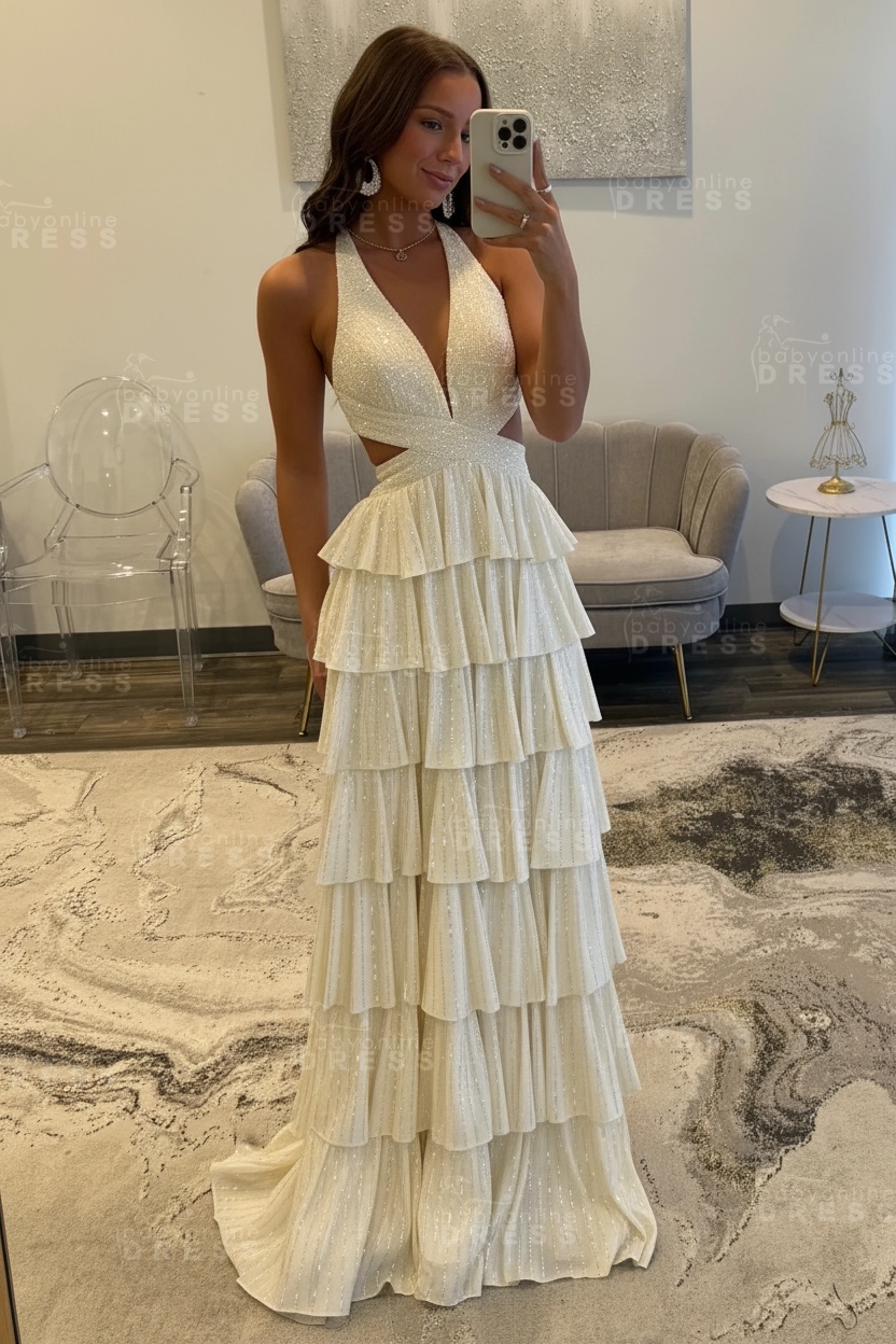 Halter Aline Prom Dress Sequined V-Neck High Split Evening Dress Long