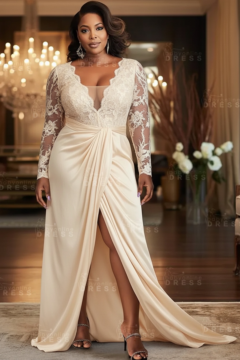 V-neck Appliques Lace Long Sleeve A-Line Prom Dresses with Slit