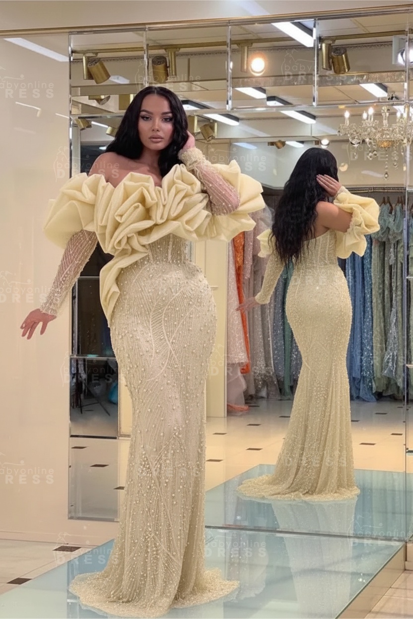 Bubble Sleeves Long Mermaid Prom Dress with Sequins and Beadings