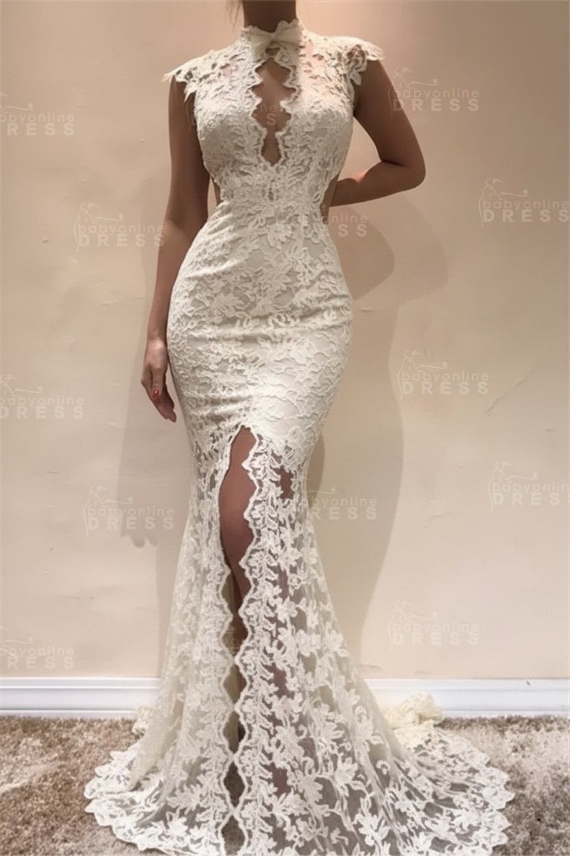 Sleeveless Front Split Evening Dresses | Black High Neck Lace Sexy Prom Dresses