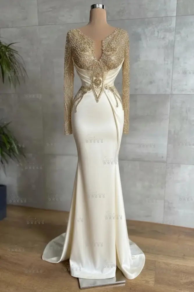 Gold Long sleeves Satin Mermaid V-neck Prom Dresses