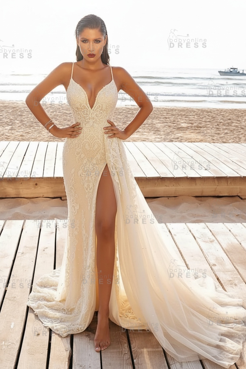 Sexy Spaghetti Side Split Tulle Beach Wedding Dress