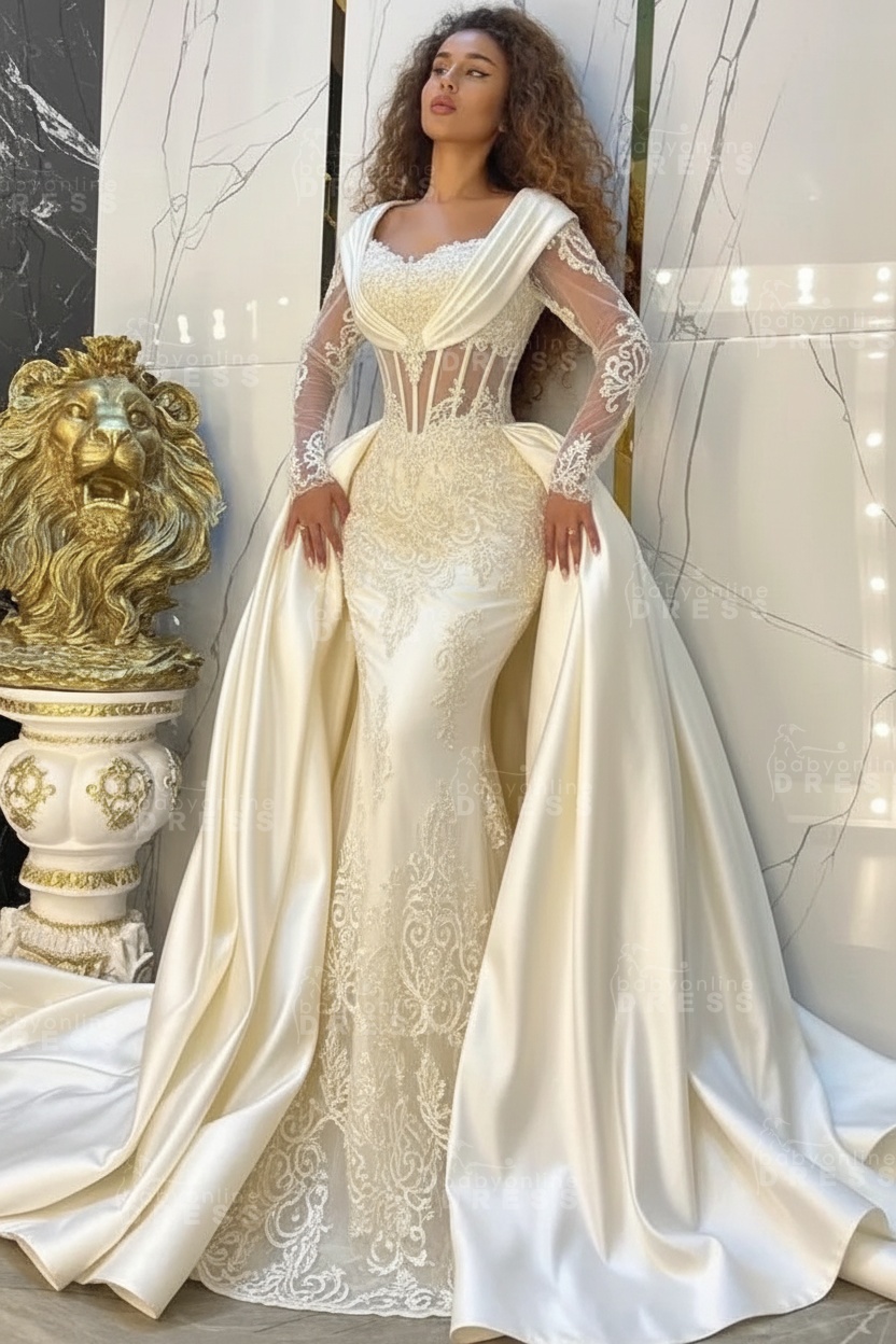 Gorgeous Sweetheart Appliques Lace A-Line Prom Dresses Long Sleeve Chapel Train