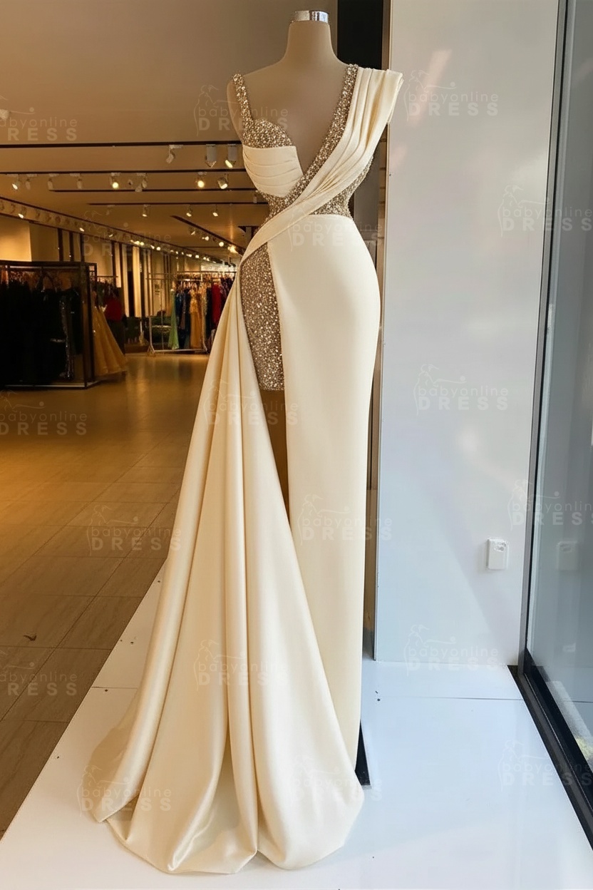 Luxury Satin Prom Dress Sleeveless with Sequins Sleeveless Evening Gown