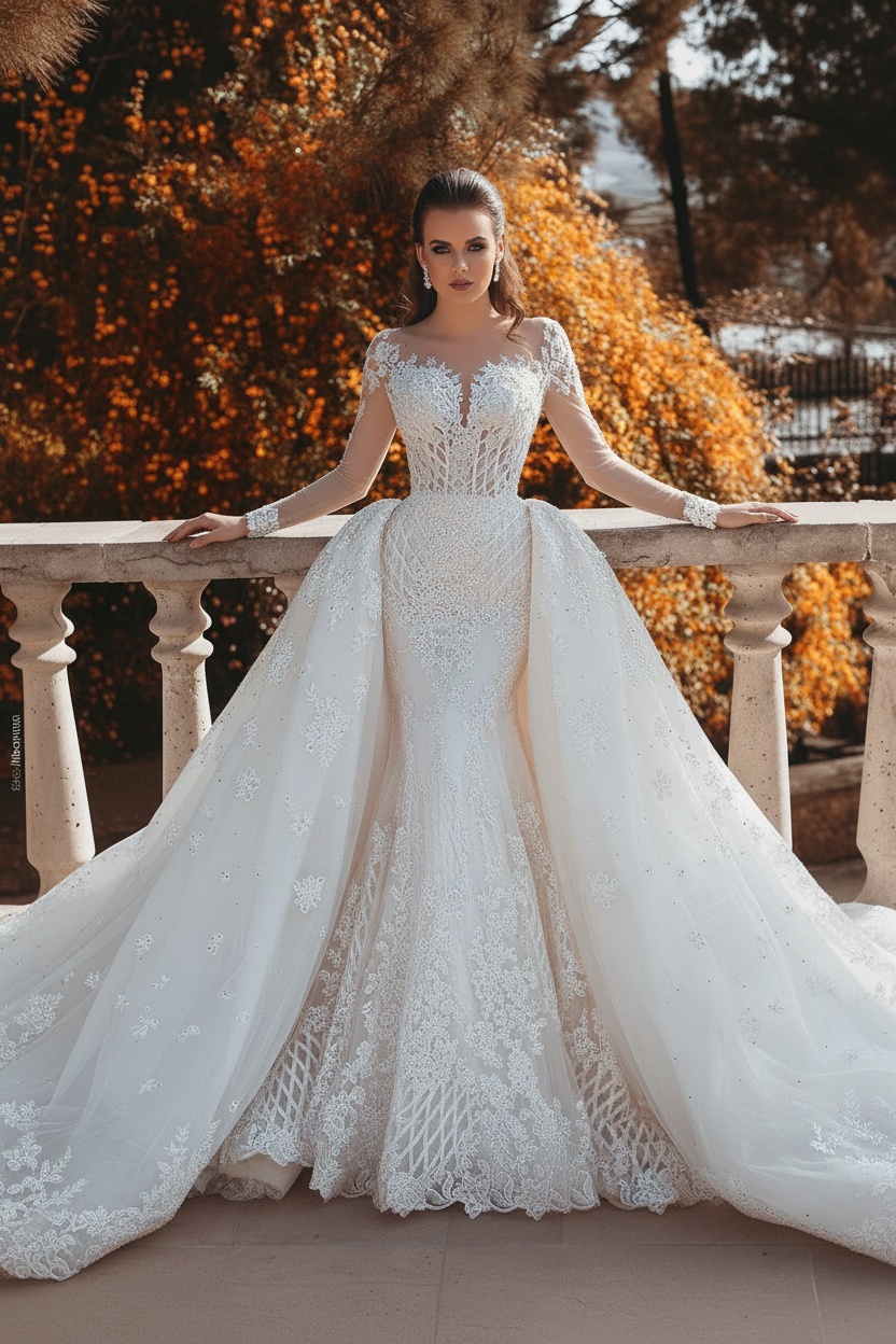 Vintage Mermaid Overskirts Long Lace Wedding Dresses