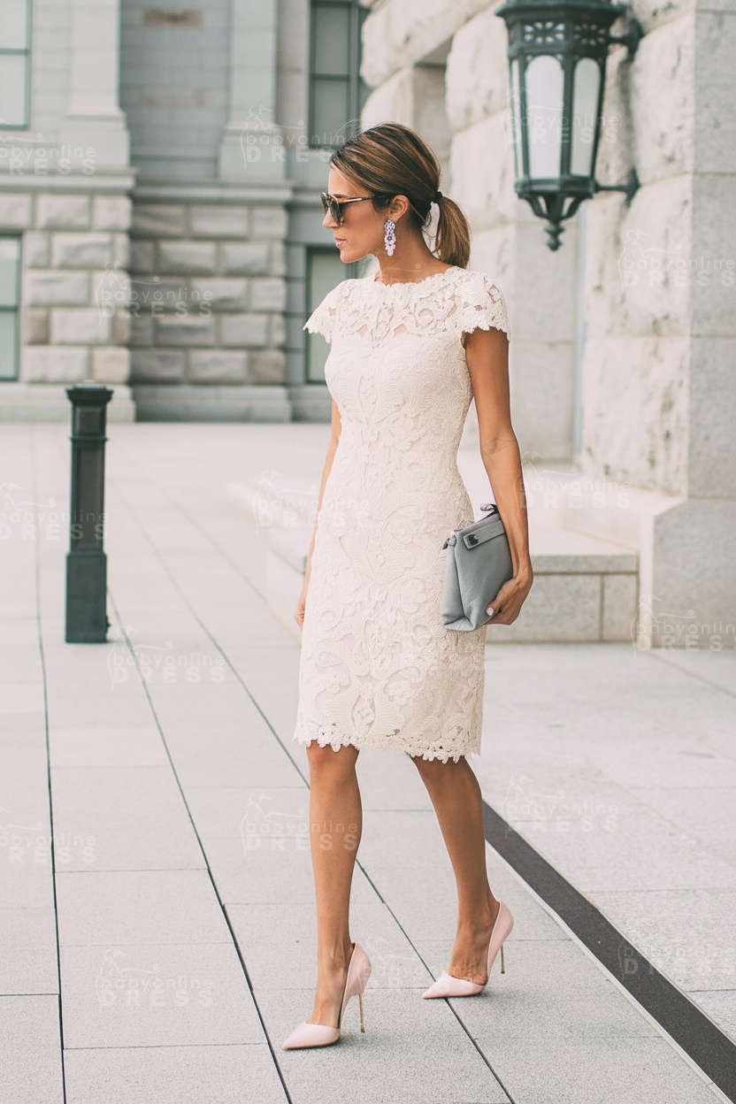 Lace Blush Pink Formal Dresses Knee Length Wedding Party Dress Prom Dress