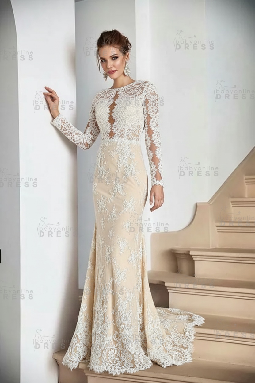 Boho White Lace Appliques Mermaid Evening Maxi Gown Long Sleeves Floor Length