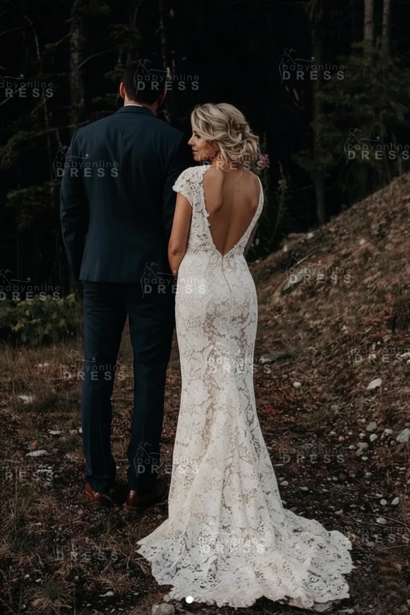 Cap sleeves Sexy Backless Lace Ivory Court Train Boho Wedding Dress