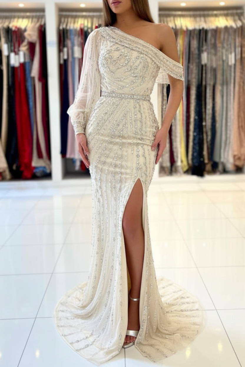 Stunning One Shoulder Shinning Beadings Mermaid Evening Gown with Side Slit