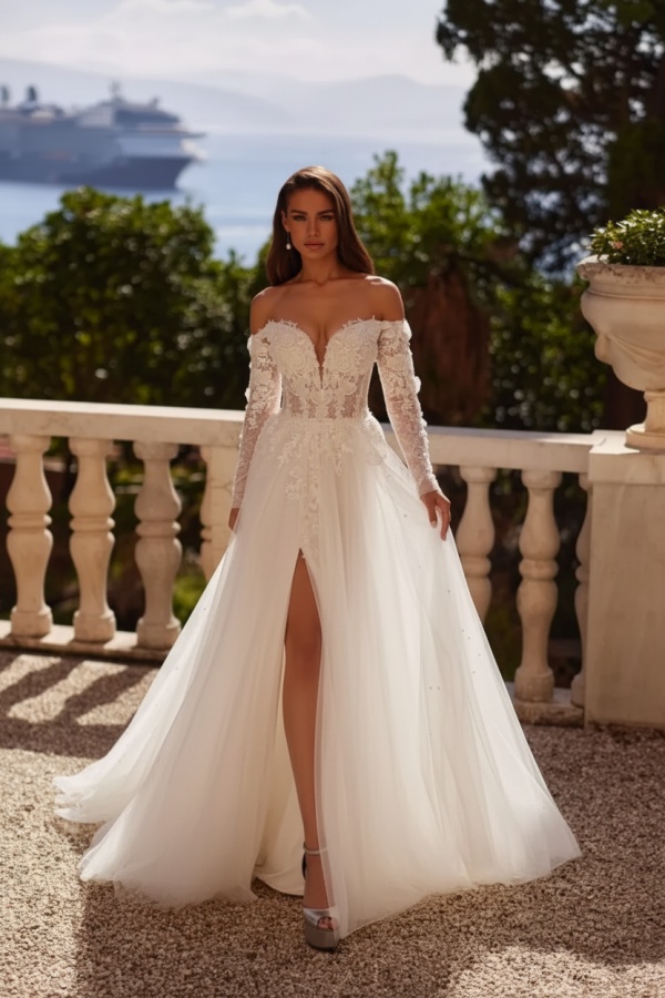 Off-the-Shoulder Long sleeves High Split Tulle Wedding Dresses with Appliques