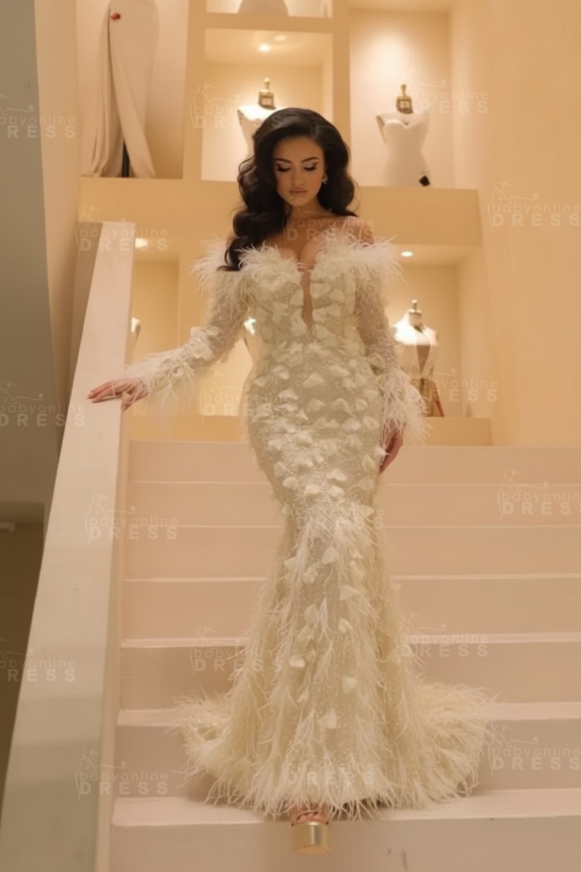 V-neck Long Sleeves Mermaid Evening Dresses Floor Length with Flowers