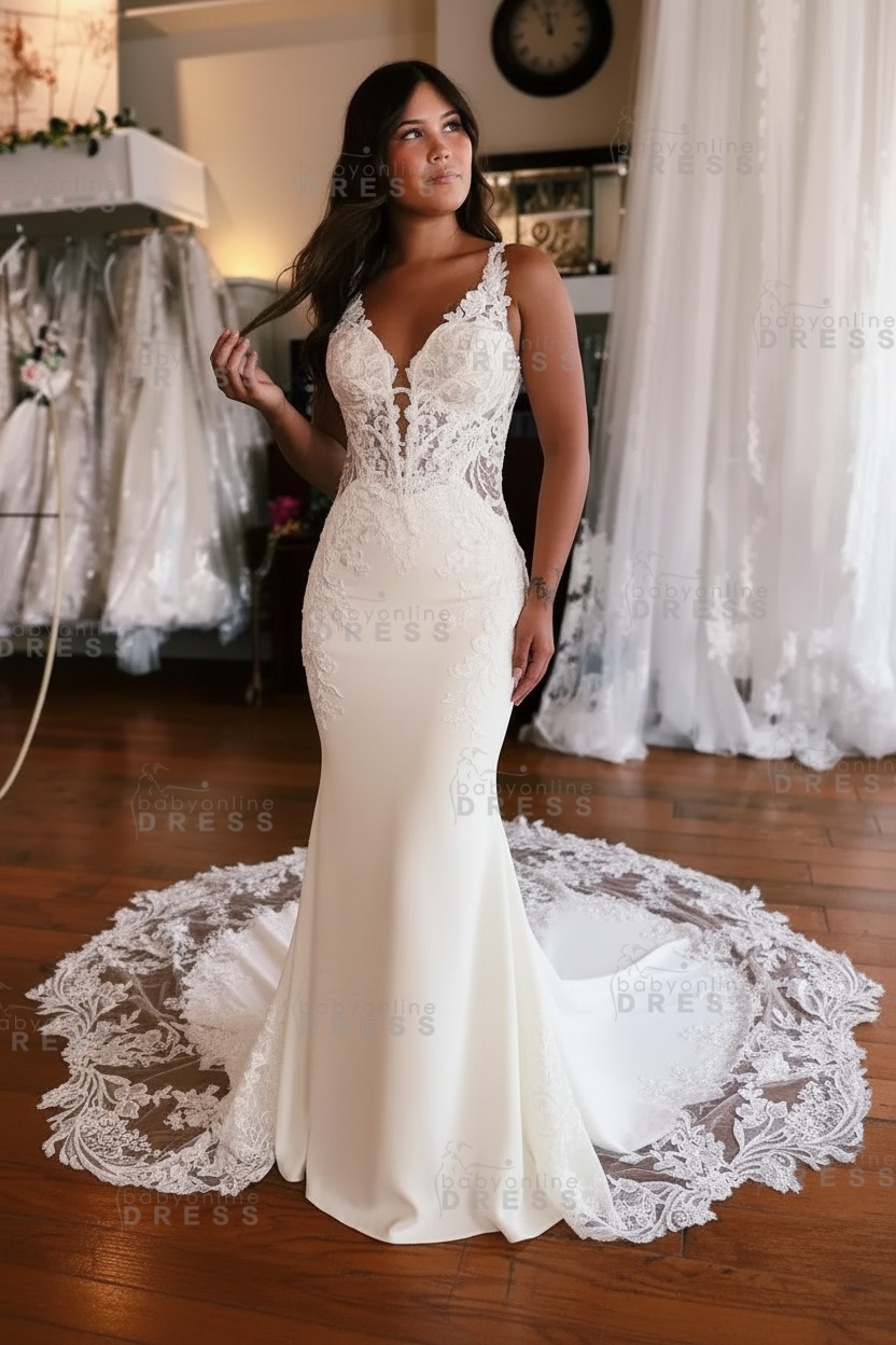 Lace Sleeveless Straps Mermaid Wedding Dress with Train