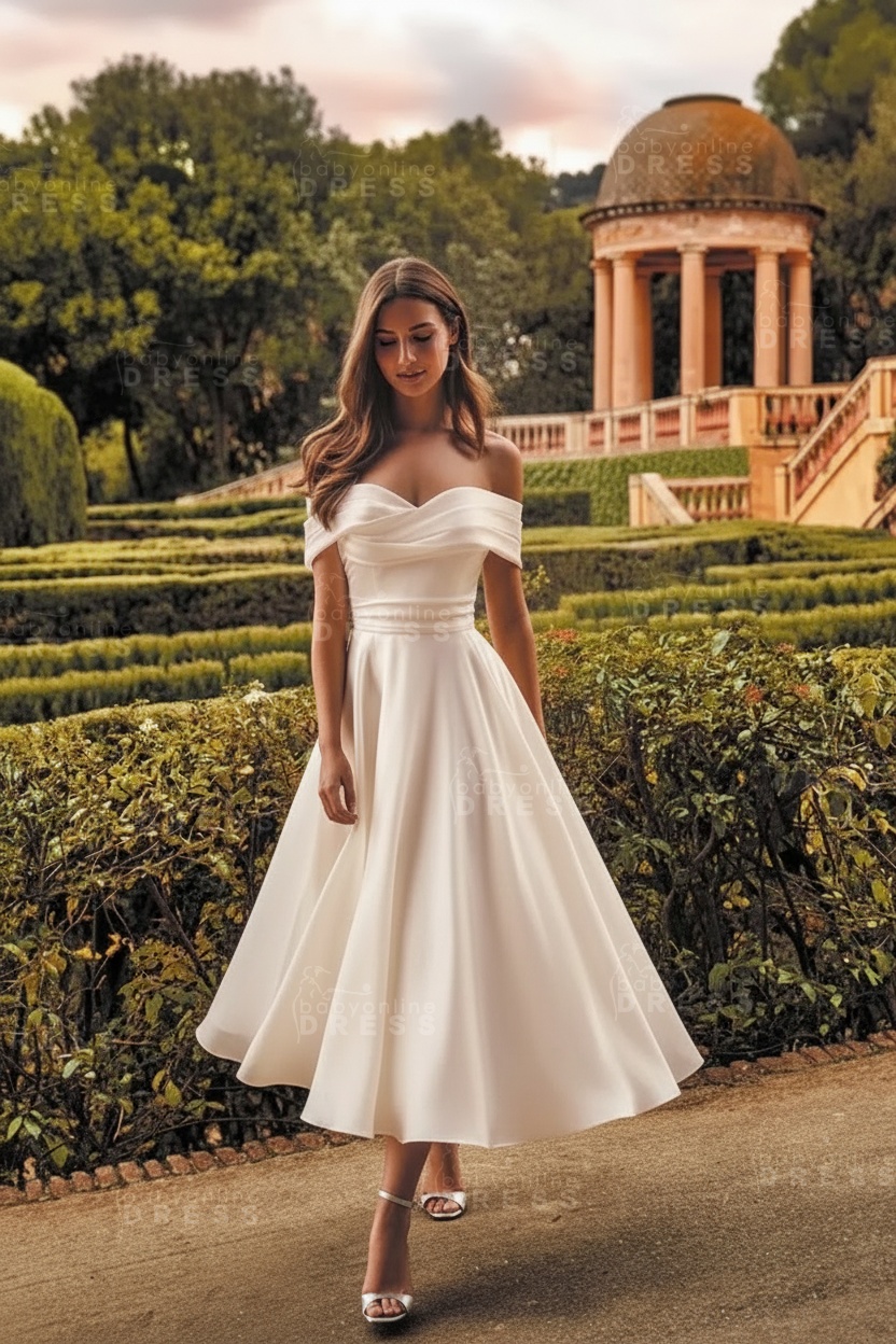 Off-the-Shoulder Tulle Tea Length Aline Wedding Dress Vintage Bridal Dress