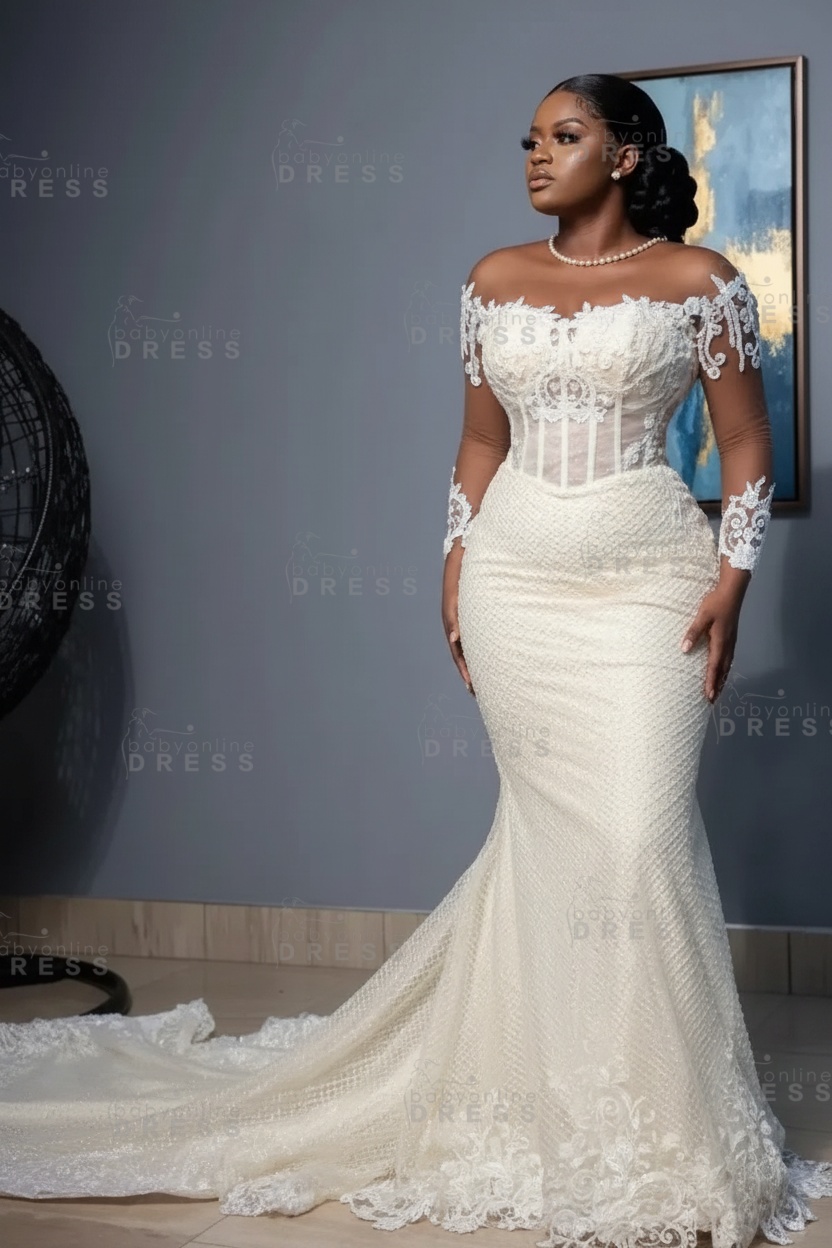 Mermaid Wedding Dress with Long Sleeves Pearls Tulle Lace Bridal Gown Sweep Train
