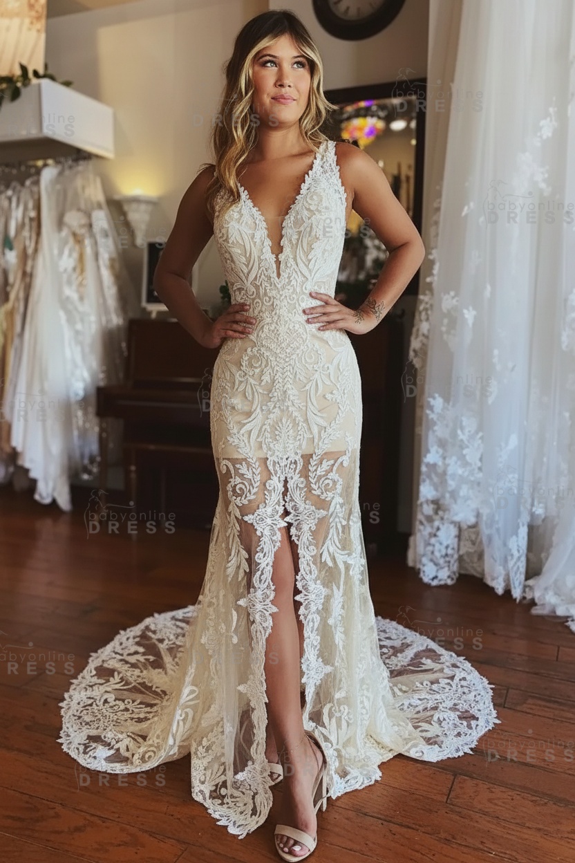 Stylish Floral Lace Mermaid Wedding Dress Deep V-Neck Front Slit Bridal Dress