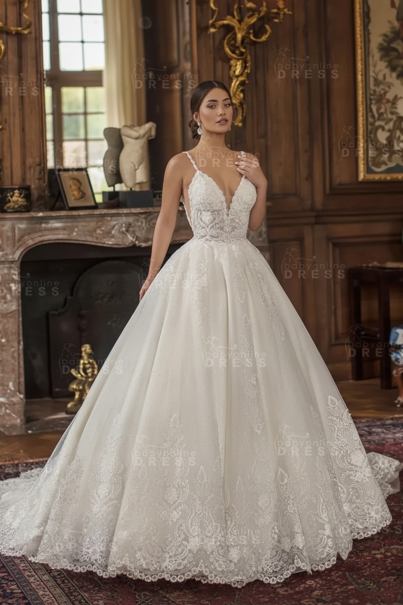 Sleeveless V-neck A-line Princess Lace Wedding Dresses