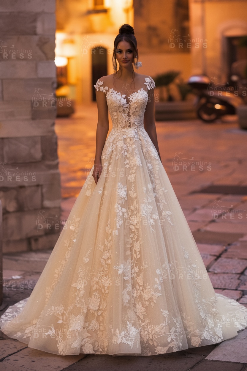 Modest Aline Wedding Dress Cap Sleeves Floral Tulle Lace Floor Length Bridal Dress
