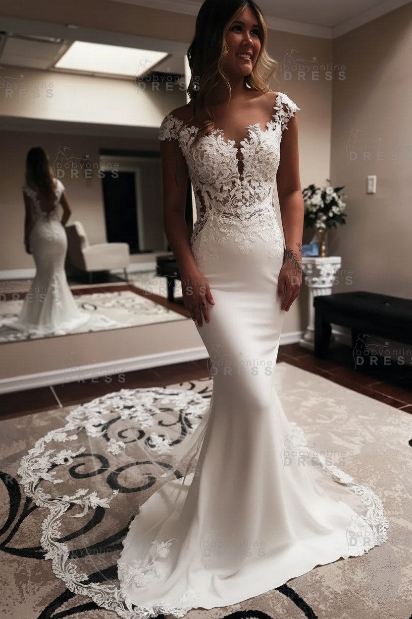 Elegent Sleeveless Chapel Train Mermaid Wedding Dress with Lace Appliques