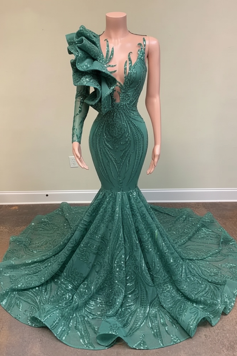 Chic Black Long Sleeve Asymmetrical Floor Length Mermaid Prom Dress