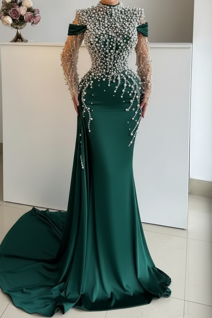 Unique High Neck Beading Long Sleeve Mermaid Prom Dresses