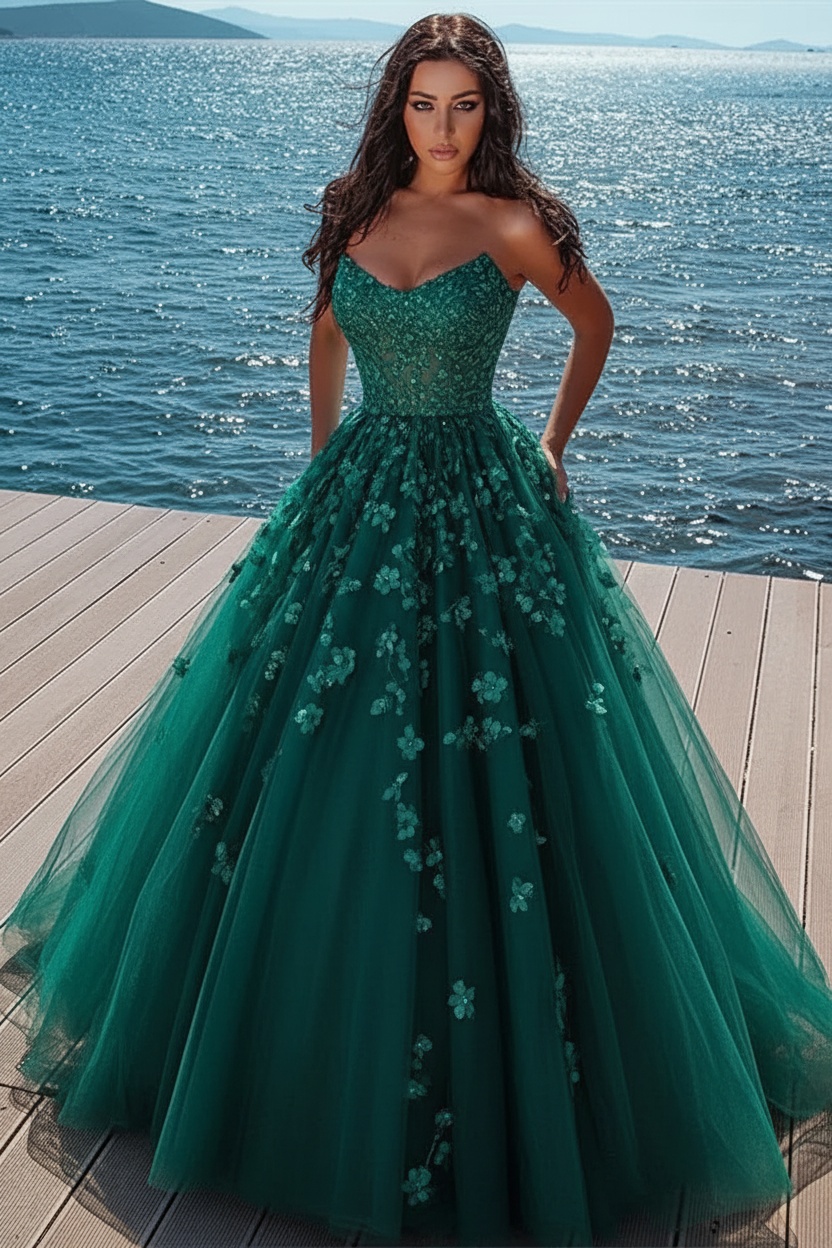 Elegant sky blue Butterfly Strapless Sweetheart Tulle Sparkle Prom Dress