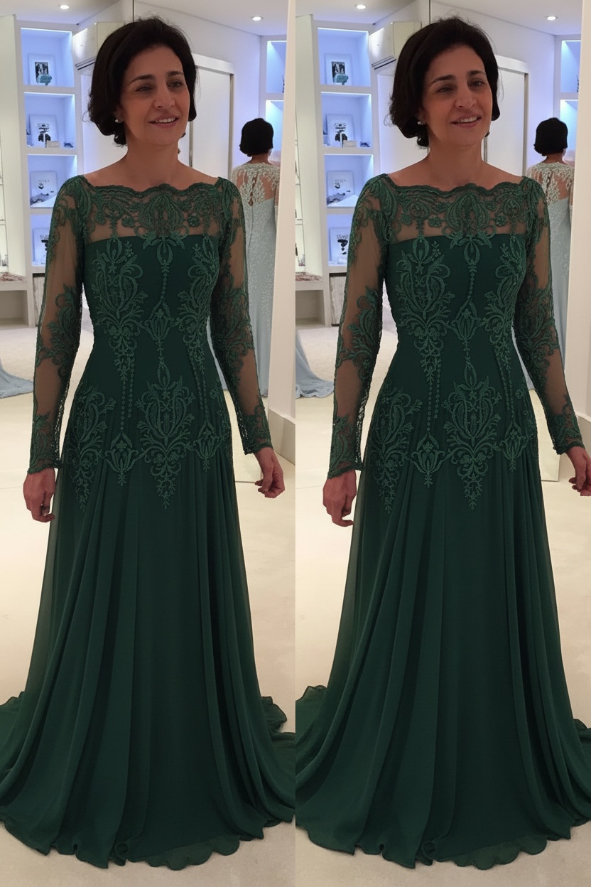 Elegant Floor-Length Lace Long-Sleeves A-line Mother of the Bride Dress 