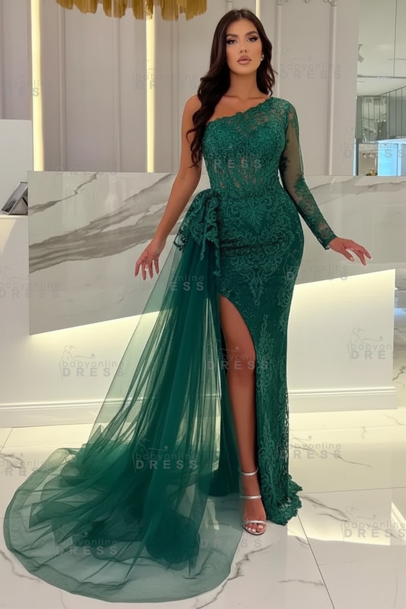 Sexy Sky blue One-shoulder Mermaid Prom Dress Tulle with High split