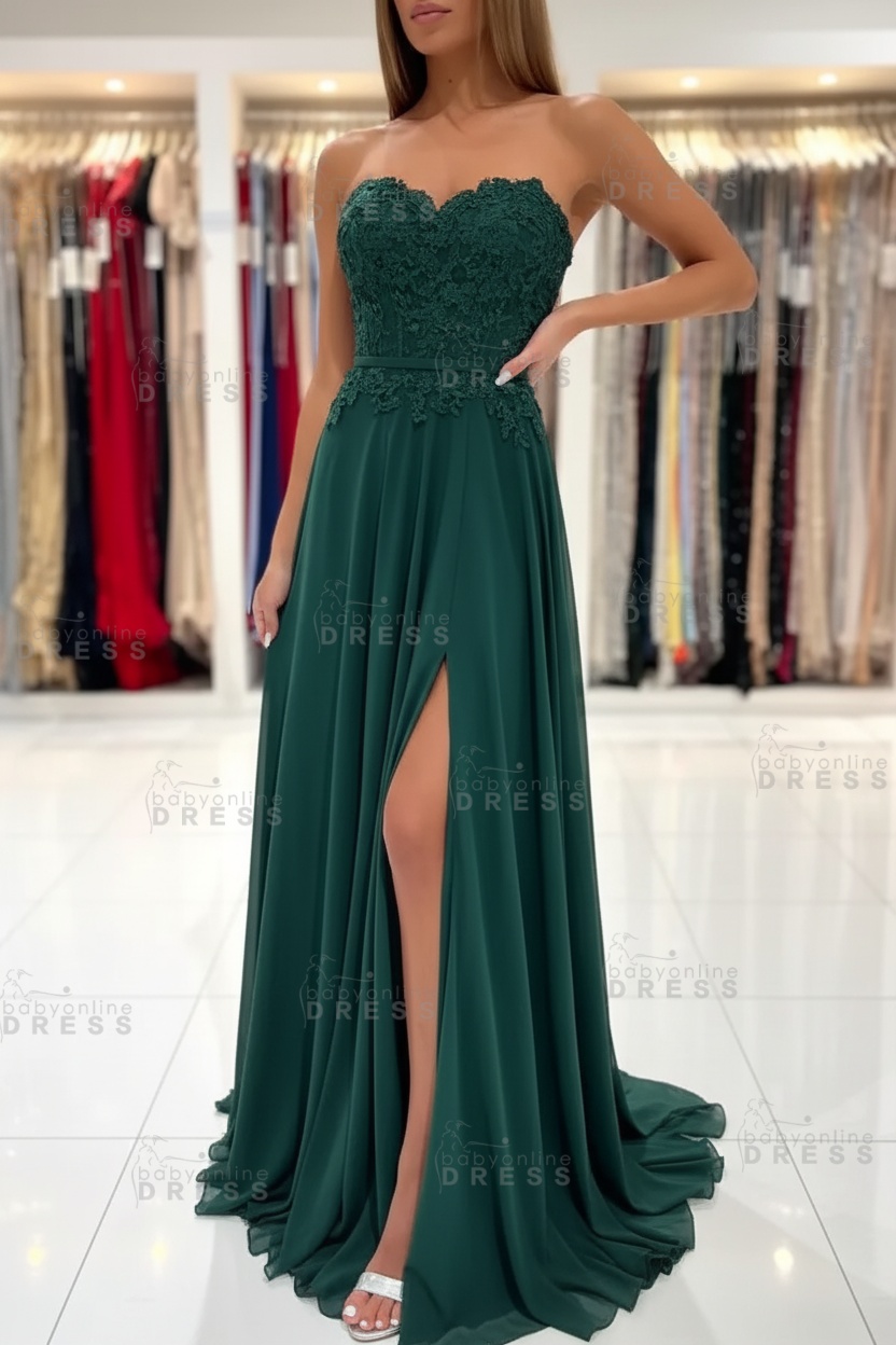 Sweetheart Strapless A-Line Chiffon Floor Length High Split Prom Dress