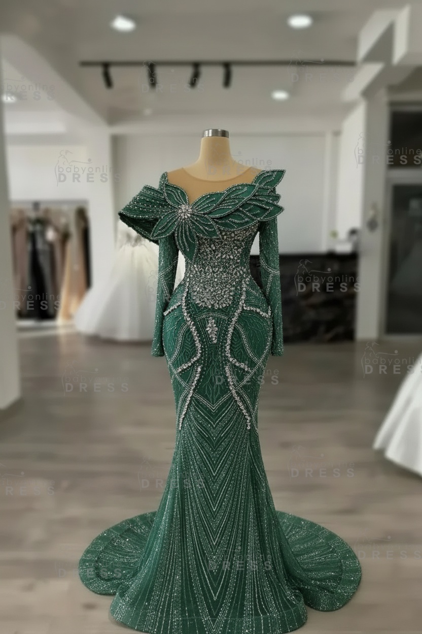Luxury Crystals Long Sleeves Floor-Length Mermaid Prom Dress with Flowers 
