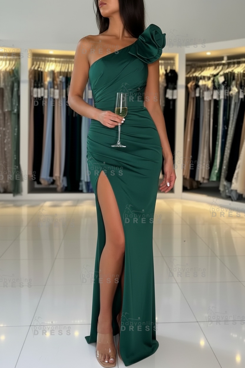 One-Shoulder Satin Floor-Length Mermaid Prom Dress with High Split