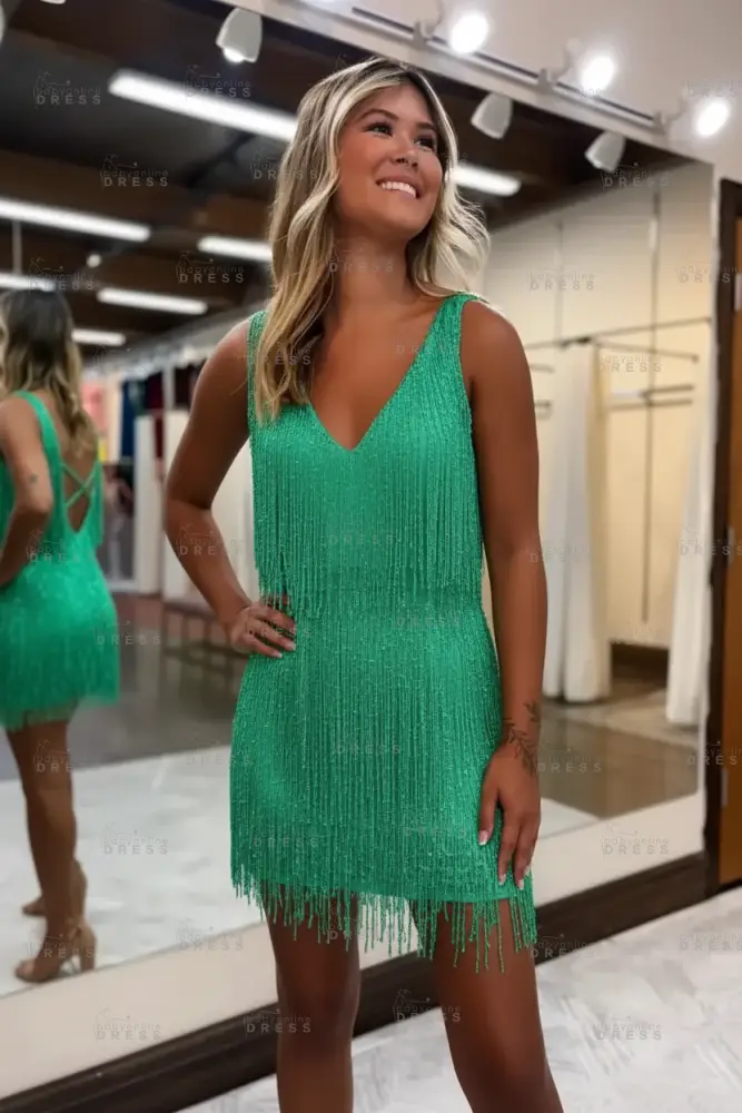 White V-Neck Backless Short Homecoming Dress with Tassels