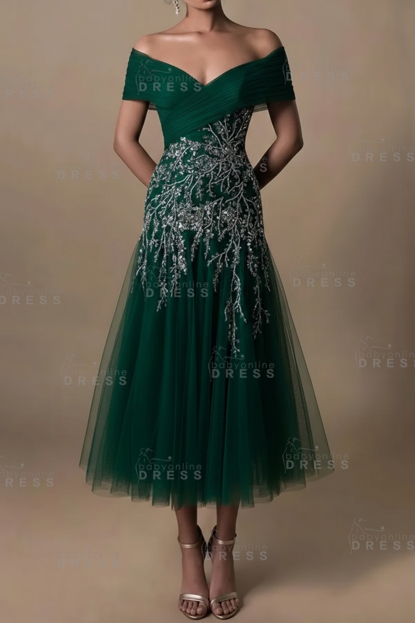 Champagne V-Neck A-Line Tea Length Prom Dress Tulle Mother of the Bride Dress