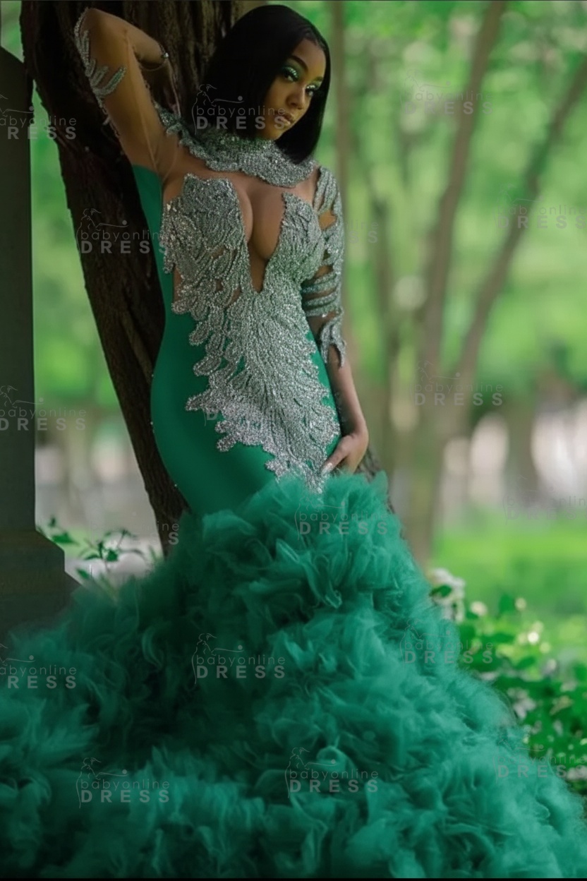 Glamorous Slim Mermaid Evening Gowns with sleeves Beadings Prom Dress
