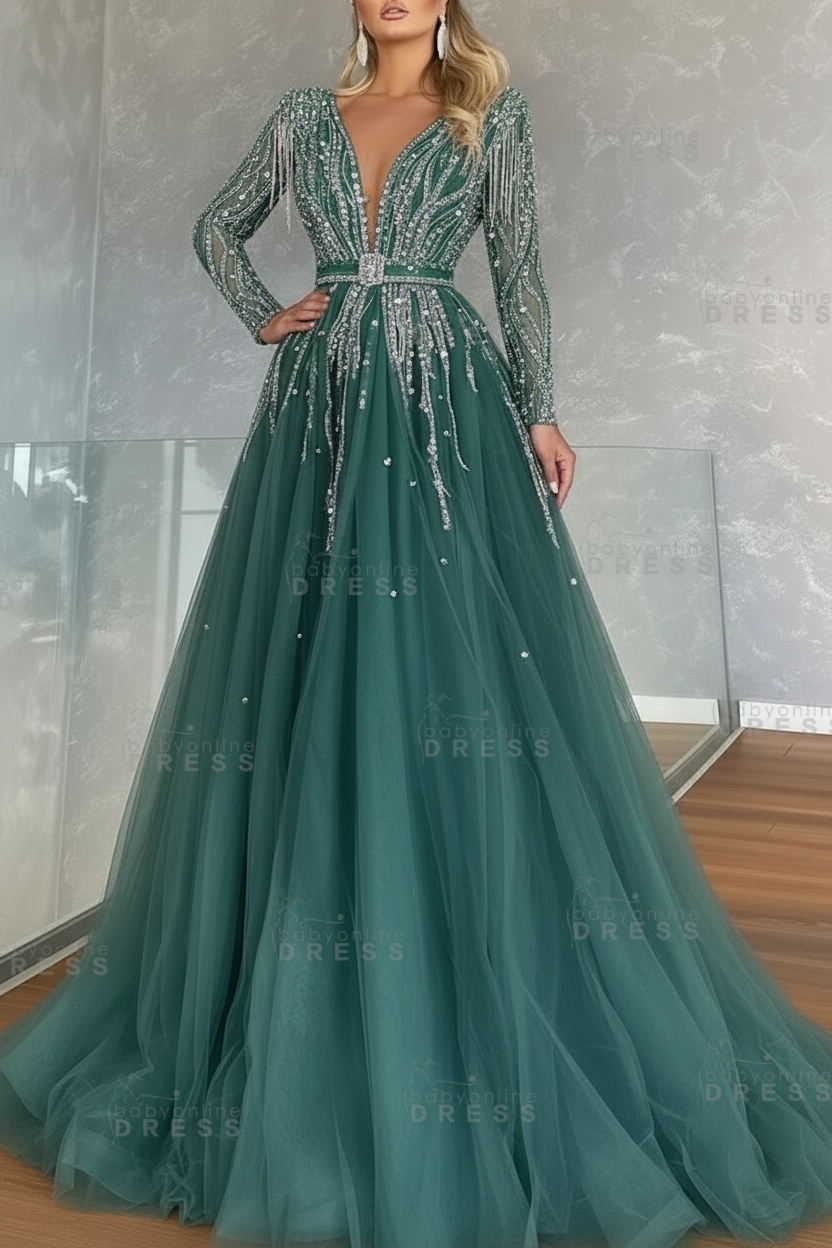 Long Sleeves V-neck Ball Gown A-line Prom Dress with Beadings