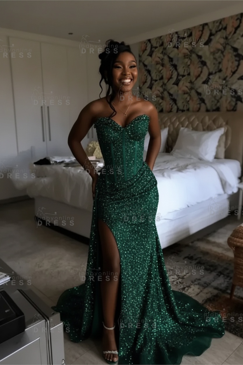 Sexy Orange Mermaid Prom Dress with Sequins High Split Strapless Long Party Dress
