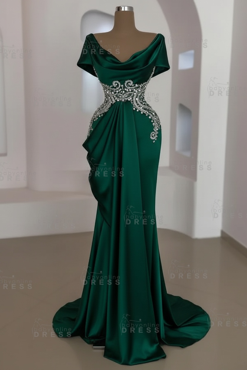 Short sleeves Mermaid Round neck Gray Prom Dresses