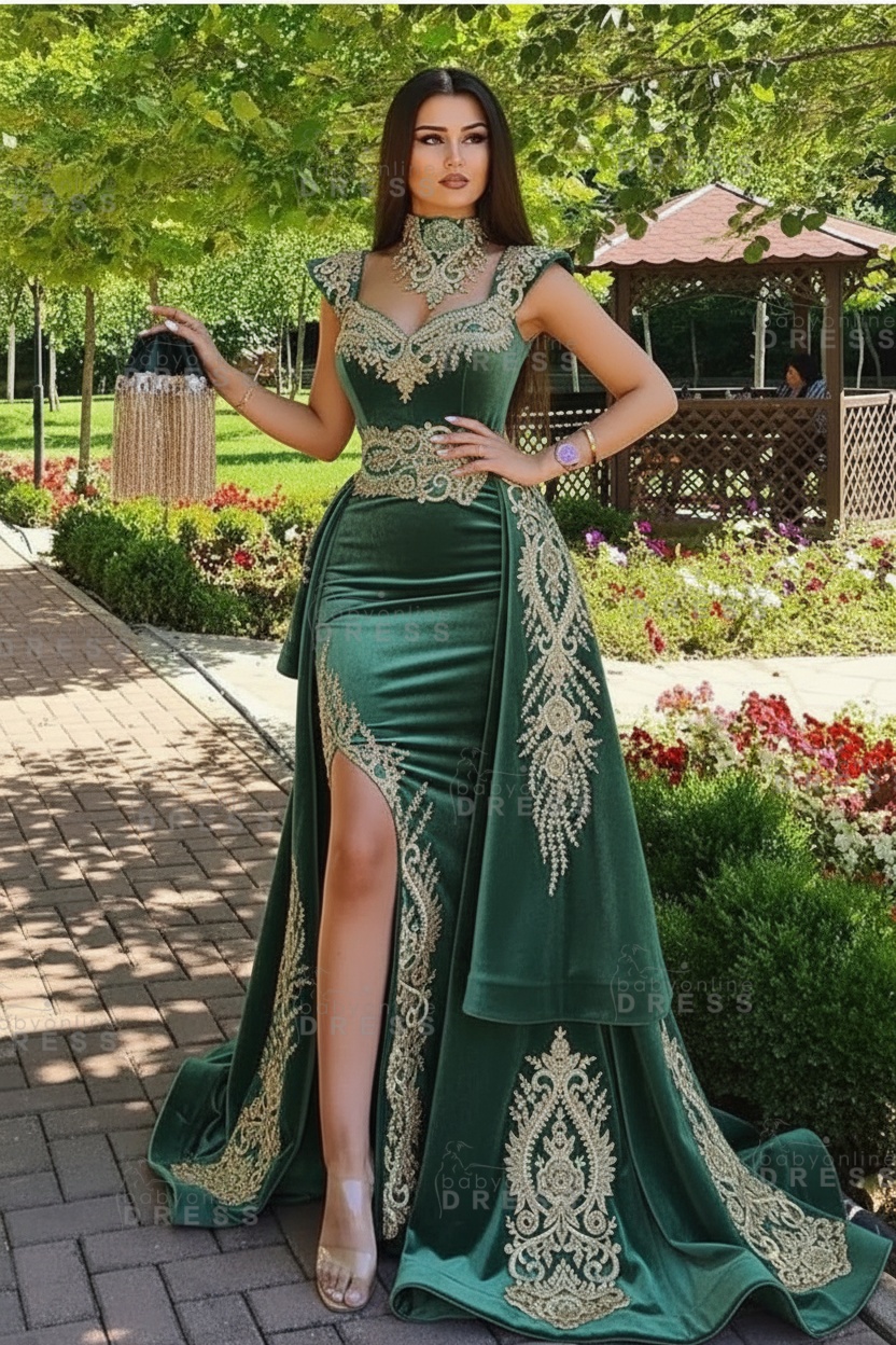 Dark Green Velvet Mermaid Evening Dress with Gold Lace appliques
