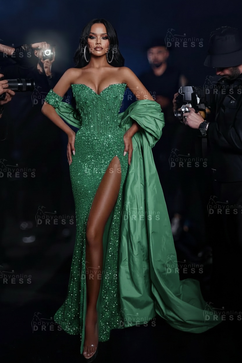 Sexy Strapless Sweetheart Crystal Mermaid Evening Dresses with Slit