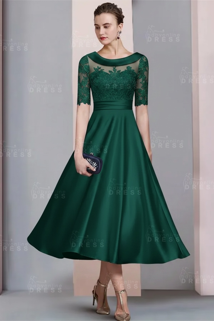 Elegant Ivory Jewel Lace Beading A-Line Tea Length Satin Wedding Guest Dress Formal Mother Dress