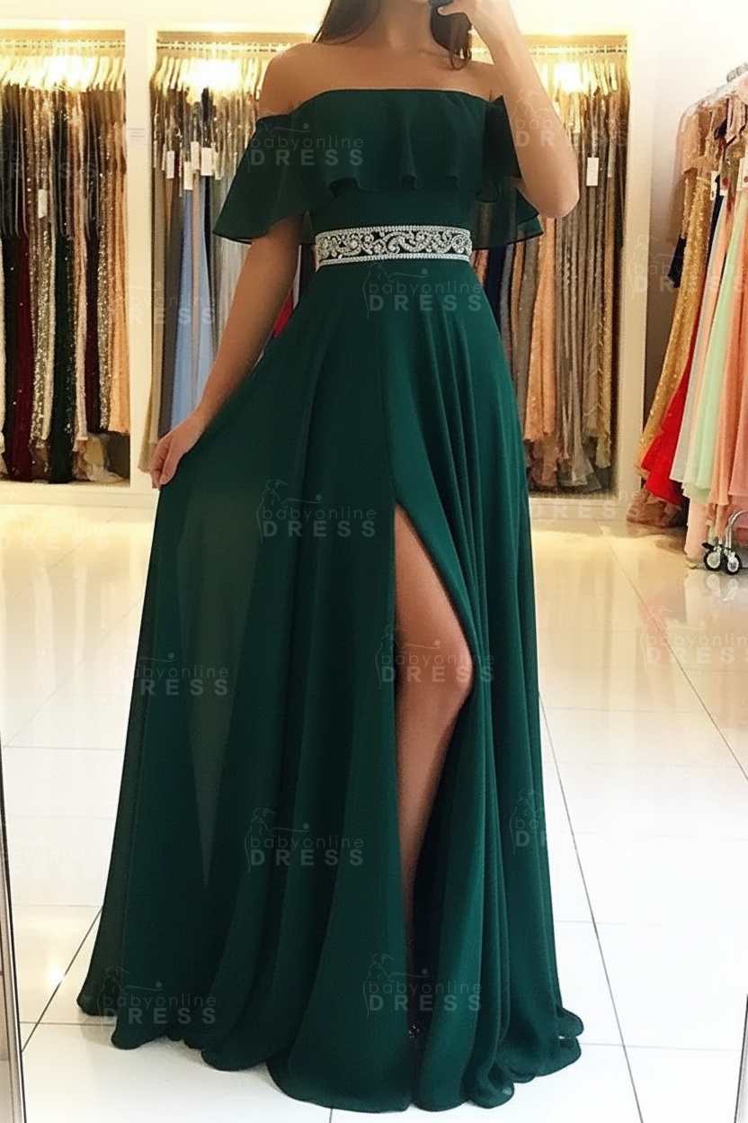 Sky Blue Off The Shoulder Evening Dresses Sexy | Chiffon Side Slit Prom Dress with Crystals Belt