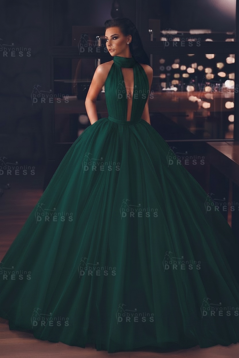 Sexy High-Neck Sleeveless Ball Gown Evening Dress with Pockets