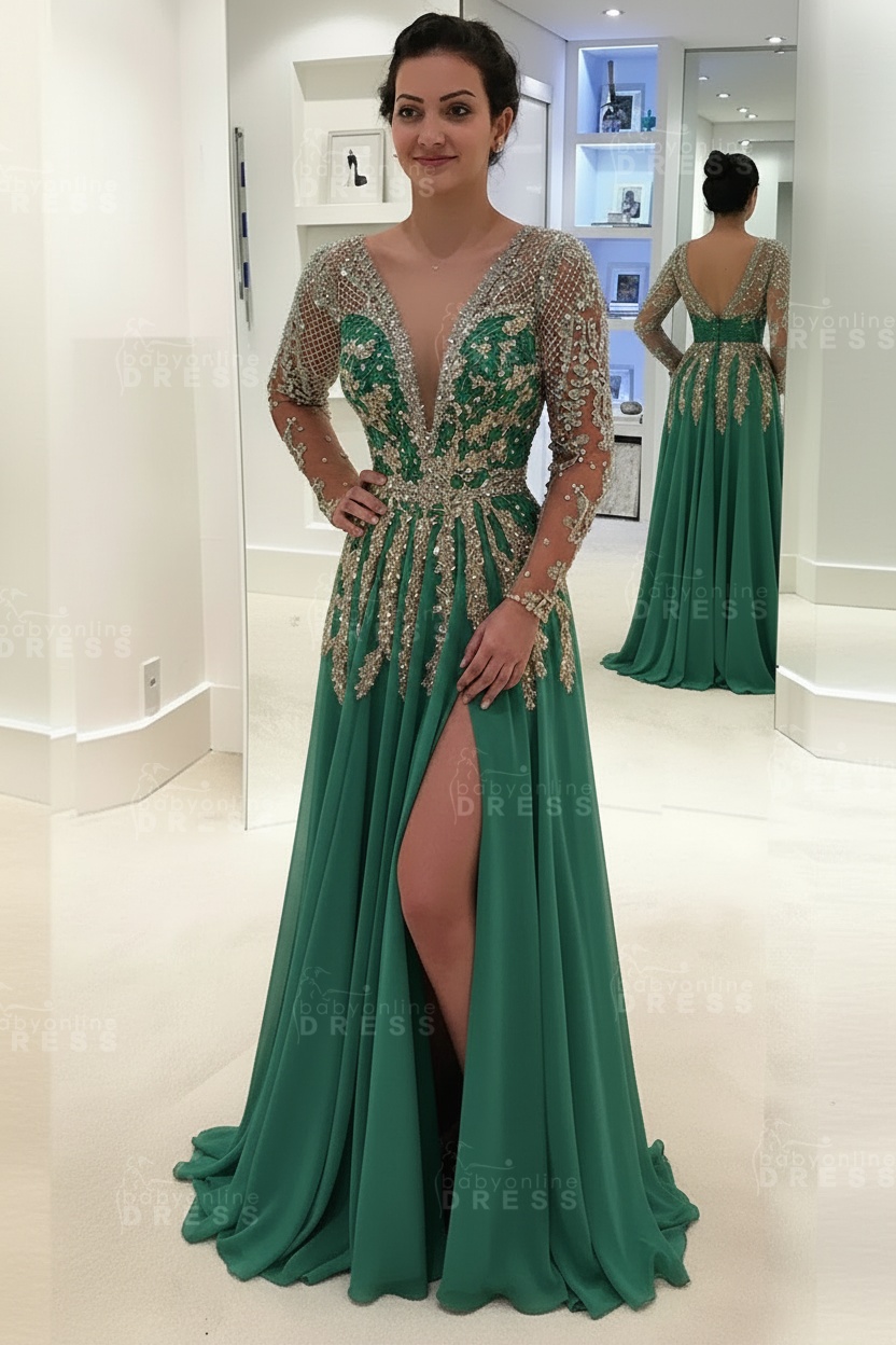 Glamorous V-Neck Long Sleeves Prom Dresses | A-line Crystal Side Slit Evening Gowns