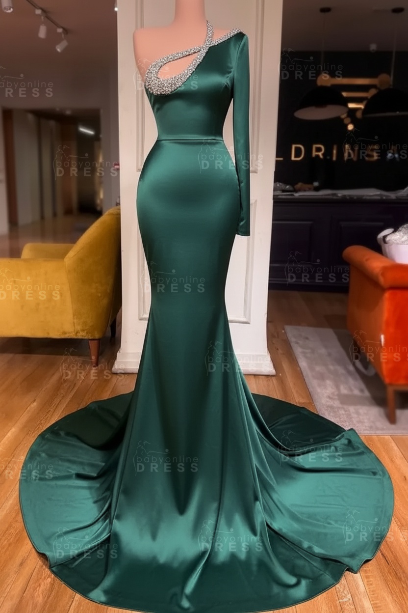 Long sleeves Beaded neckline Black Mermaid Prom Dresses