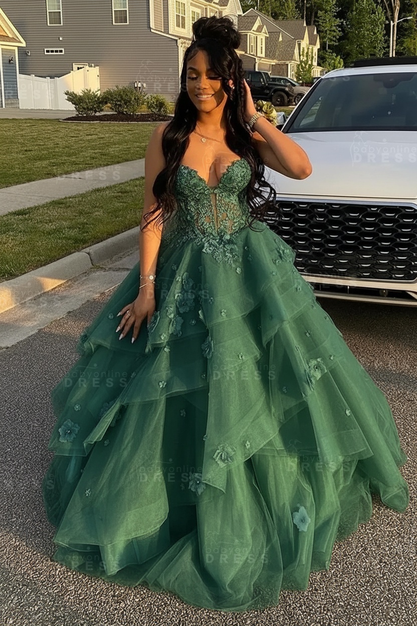 Sleeveless V-Neck Tulle Aline Prom Dress Floral Tiered Ruffles Corset Evening Dress