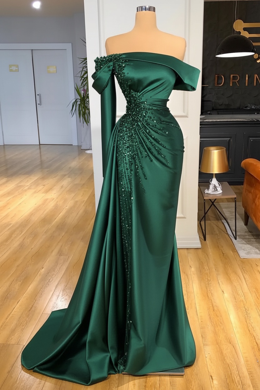 Off-the-Shoulder Satin Floor Length Prom Dress with Side Slit