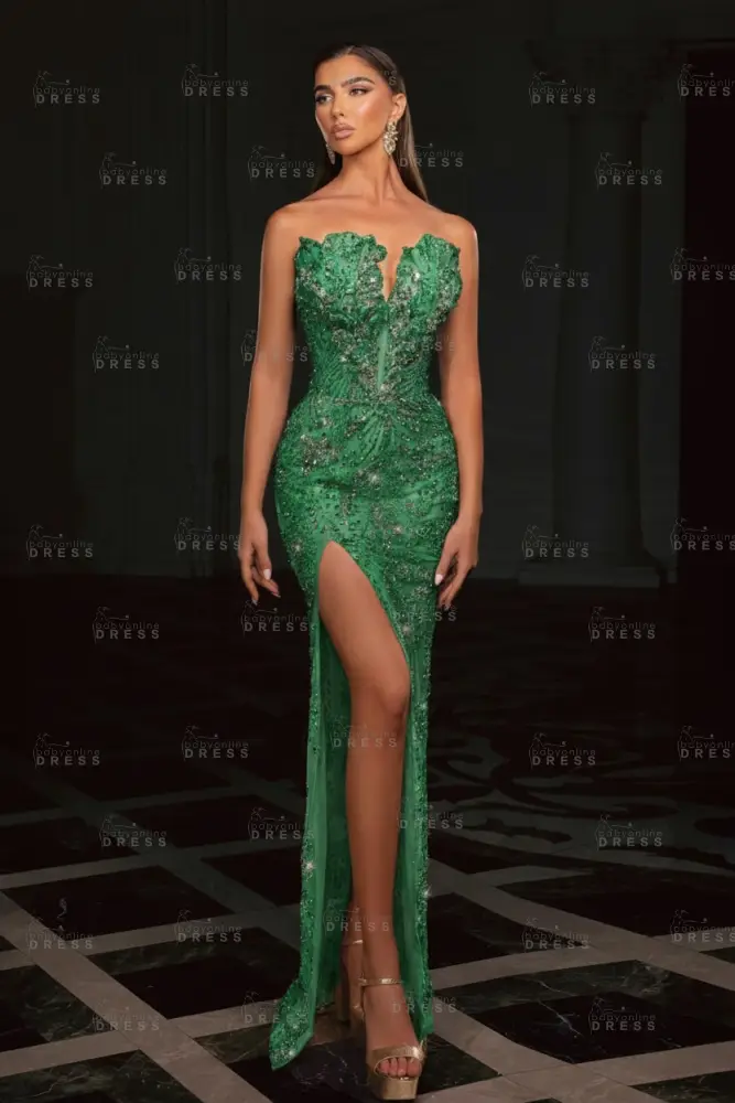 Gold Strapless Sequins Beading Split Front Column Prom Dresses