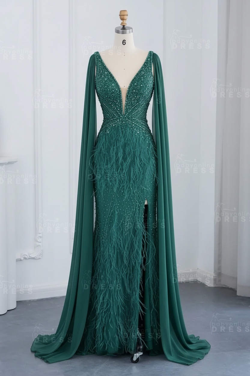 Glamorous V-Neck Fur Beadings Front Slit Mermaid Evening Gowns with Tulle with Cape Sleeves Wedding Party Dress