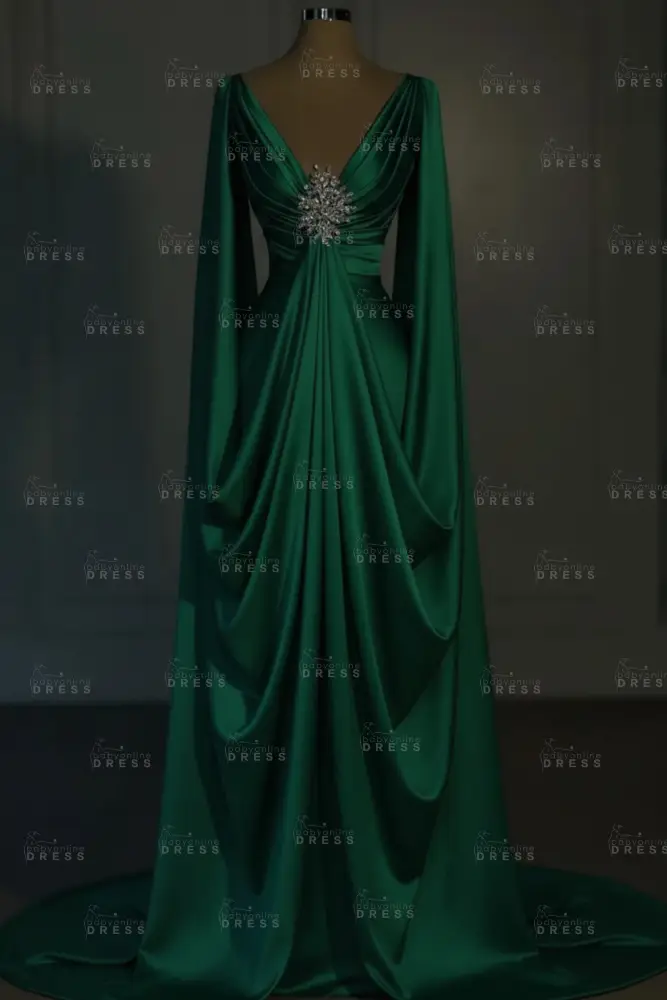 Long sleeves V-neck Satin Ruffles Mermaid Prom Dresses Floor-Length