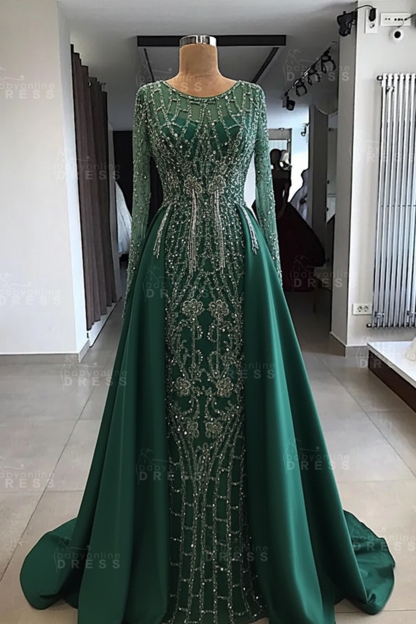 Shining Beaded Long Sleeves Round Neck Prom Dresses With Over Skirt | A Line Evening Gowns