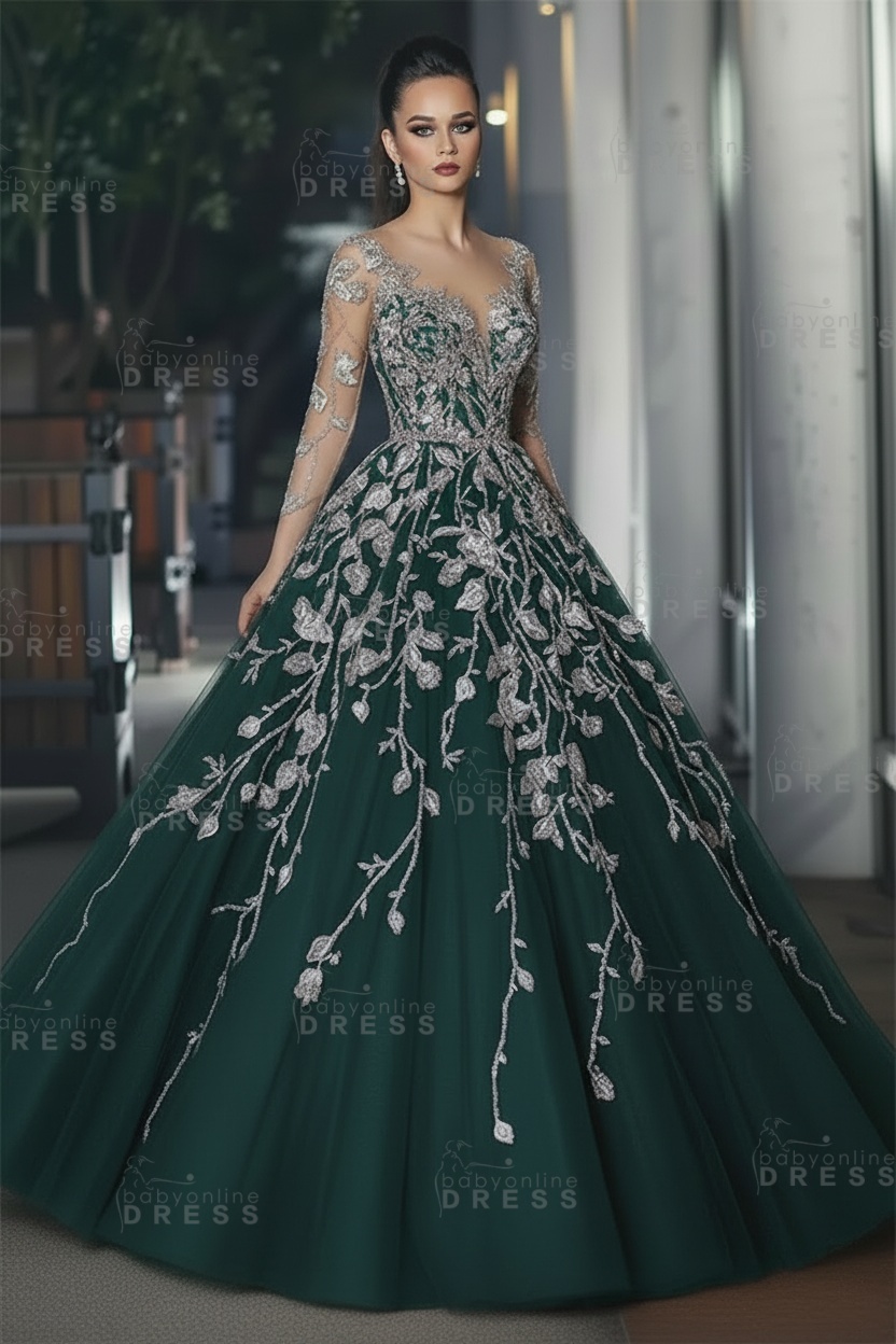 Stunning Illusion Long Sleeve Sexy Evening Gowns | A-line Lace Appliques Tulle Prom Dress